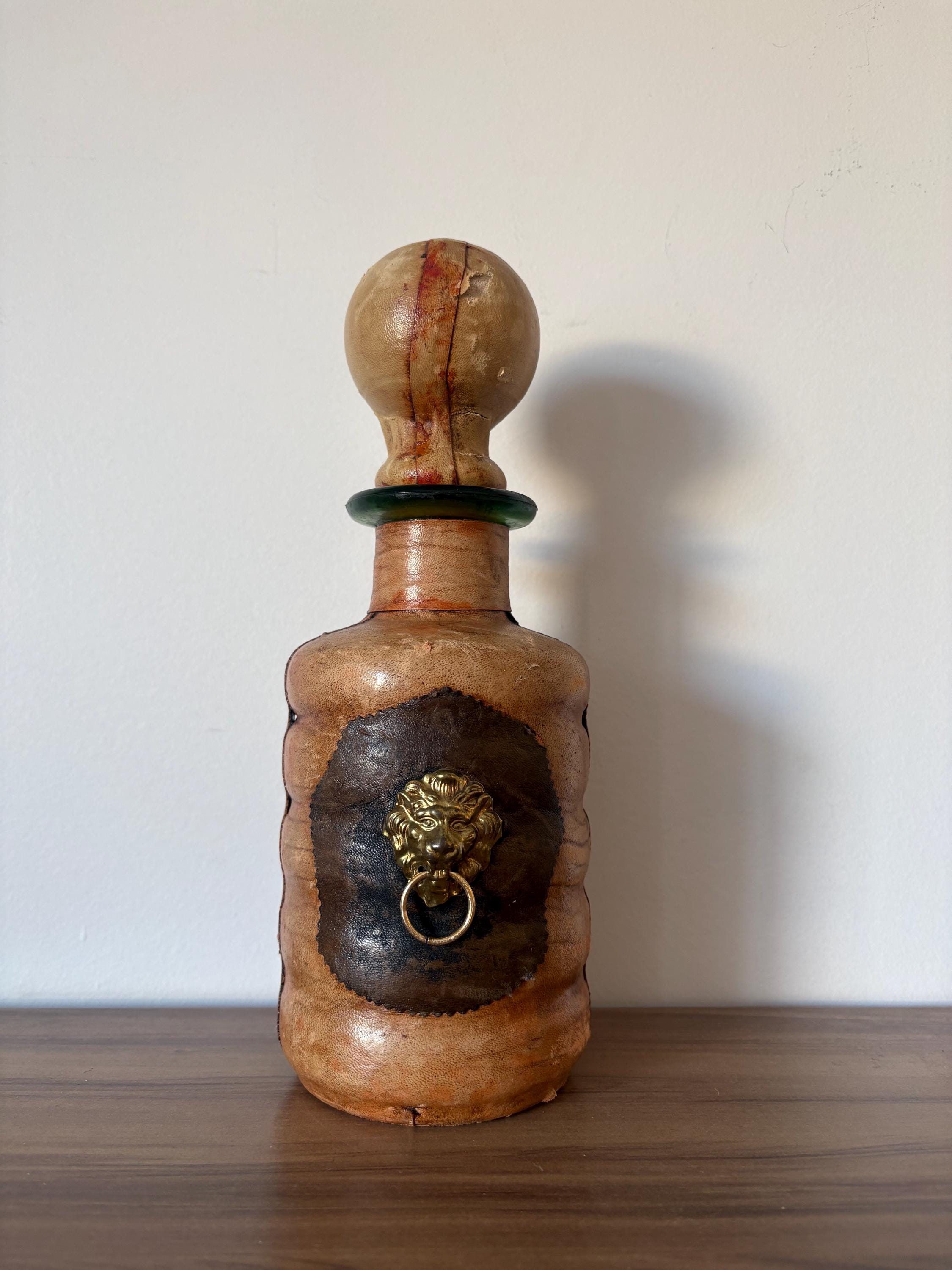 Vintage Italian Leather Wrapped Glass Decanter With Lion Head