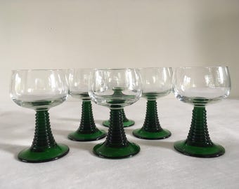 Vintage Green Roemer Wine Glasses Set of 6 German Ribbed Stem 1970s Glassware