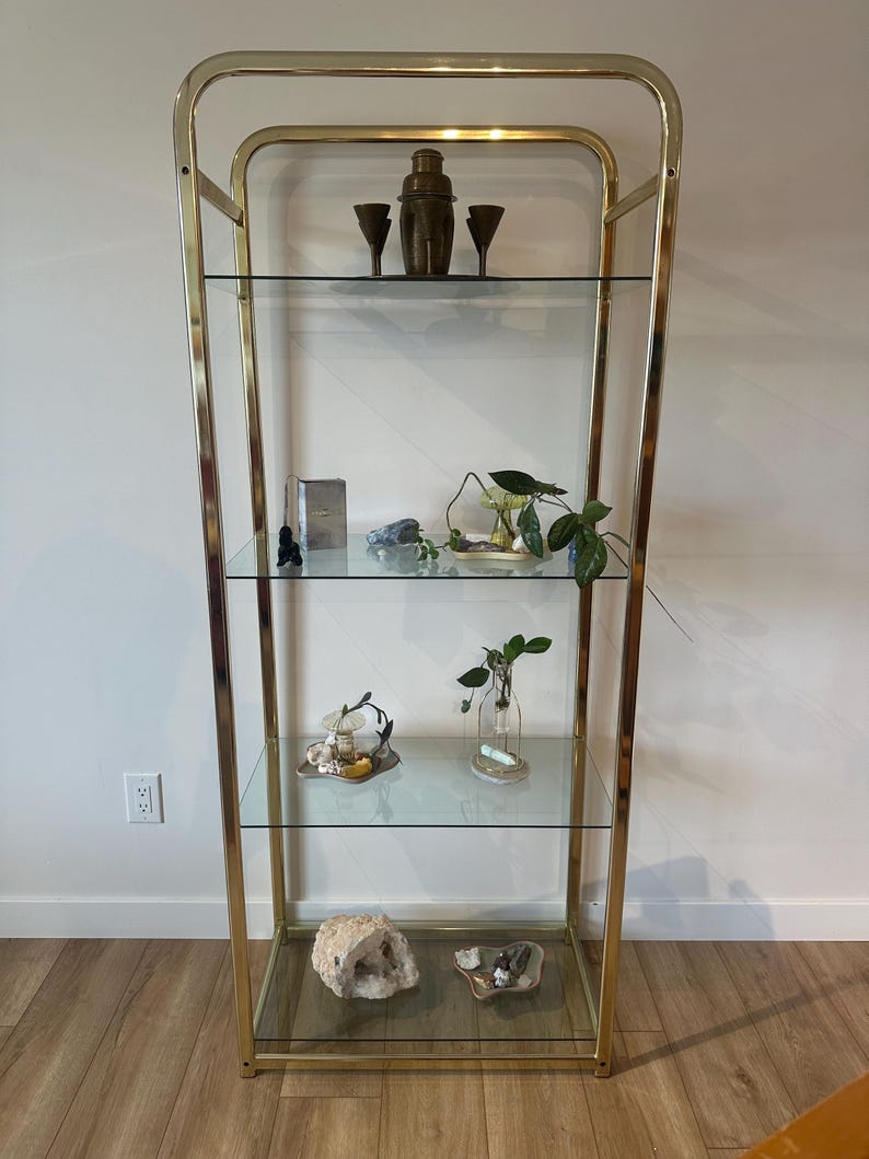 Retro High Rack Vintage Brass Shelving Unit | Hollywood Regency Etagere Shelf for ...