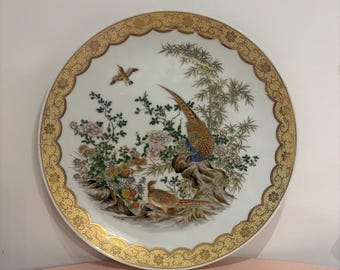 Vintage Gold Rim Porcelain Peacock Plate Hand-Painted Birds Flowers Japanese