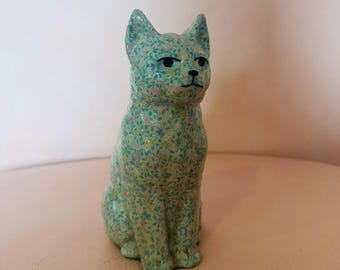 Decoupage Cat Vintage with flowers and birds Felt bottom 1980’s