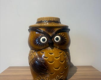 Owl Cookie Jar Vintage 1970s Glazed Ceramic Giftcraft Japan Brown Tan Kitchen Decor