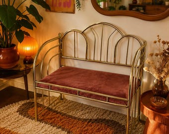 Vintage 1980s Rosalco Brass Vanity Bench, Light Pink Upholstered Hollywood Regency Entry Bench