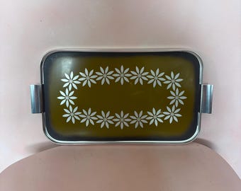 Vintage Amber  Serving Tray with White Daisy Pattern | Mid Century Modern Bar Tray | Retro Kitchen Decor | Floral Glass Tray