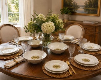 Servizio da tavola vintage Wedgwood Tunstall Gold Medallion / 6 piatti piani, 6 piatti da dessert, 2 ciotole, 1 ciotola da portata / Prodotto in Inghilterra negli anni '60