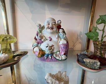 ヴィンテージ 中国製 笑う仏像 5人の子供付き 布袋様 幸福の神 磁器像 1940年代 風水 アジアン コレクターズアイテム 23cm