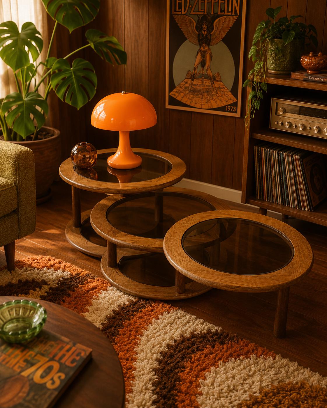 Vintage Oak Swivel Coffee Table, 1970s Modernist Round Coffee