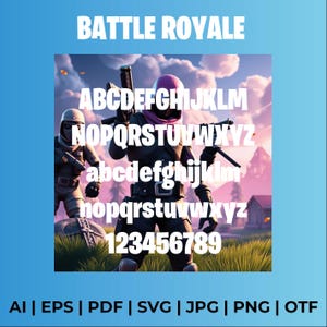 May include: A digital font design with the text "BATTLE ROYALE" in white letters against a blue background. The font includes uppercase and lowercase letters, numbers, and symbols. The font is displayed on a background image of a video game scene with two characters.