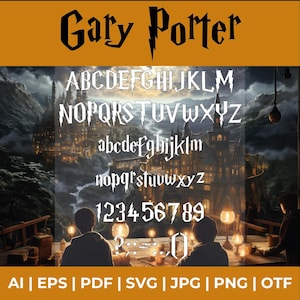 May include: A digital font design with the text "Gary Potter" in a bold, black font. The font is a stylized, gothic-inspired font with a lightning bolt symbol. The image also includes a full alphabet in uppercase and lowercase letters, numbers, and punctuation marks. The font is white against a dark background with a castle and mountains in the background.