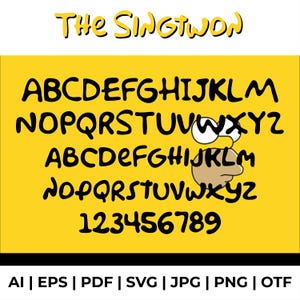 Puede incluir: Un fondo amarillo con texto negro que dice "THE SINGTWON" e incluye el alfabeto en mayúsculas y minúsculas, así como los números del 1 al 9. Las letras y los números están en un estilo de escritura a mano.