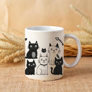 Taza de gatos en blanco y negro - Taza de café de gato kawaii, arte felino divertido, regalo para mamá y papá felinos, ilustración caprichosa de gato, lindo gato de dibujos animados - 325 ml