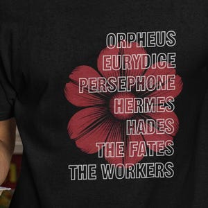 Hadestown Inspired Shirt – White Outline Cast List & Red Flower – Theater Kid Broadway Musical Tee - Orpheus - Eurydice - Persephone - Hades