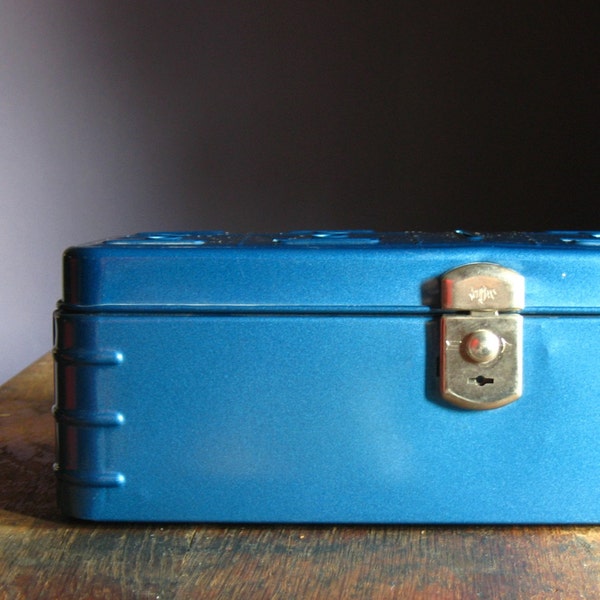 Vintage Metal Budgeting Bank .. Cerulean Blue