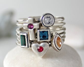 Bestseller • Mother Birthstone Stack Rings • Minimalist Ring • Gemstone Ring in Sterling Silver • Dainty Stacking Ring • Gifts for Mom