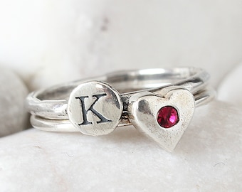 Silver Stacking Ring Set with Birthstone and Initial • Set of 2 Rings-1 Birthstone & 1 Initial • Custom Jewelry • Personalized gift for Mom