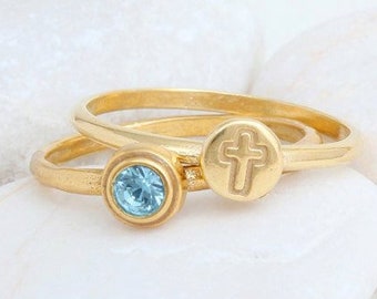 Cross Ring  • Christian Ring • Religious Ring • Confirmation Ring • Gold Ring • Birthstone Ring • Set of two Rings by Toozy
