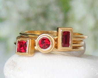January Birthstone Gold Rings. Stackable Mothers Ring with Garnet. Personalized gift for January Birthday. Modern Stack Rings. Birthstone.