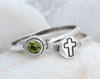 Empilage pierre de naissance &Cross Ring • Ensemble de 2 anneaux empilables en argent sterling • Silver Stack Rings • Personalized Religious Ring • Faith Ring