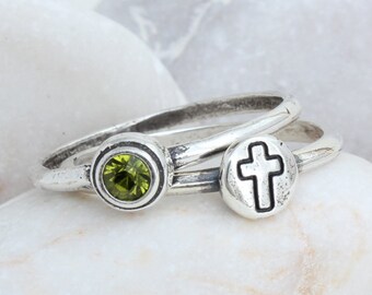 Stacking Birthstone & Cross Ring • Set of 2 Sterling Silver Stackable Rings • Silver Stack Rings • Personalized Religious Ring • Faith Ring