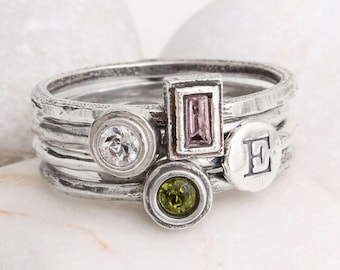 Stack Rings Sterling Silver Stackable Birthstone Ring Initial Ring Mothers Rings Ring for Mom Gemstone Rings BEST SELLER