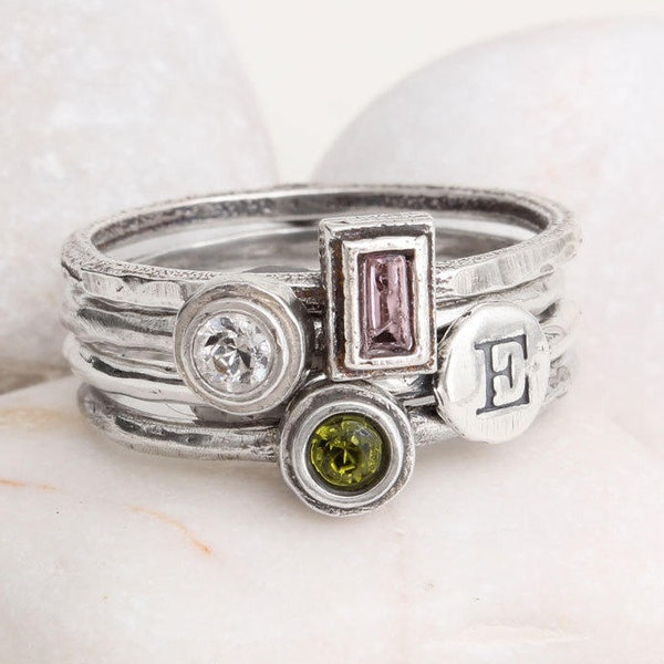 Stack Rings Sterling Silver Stackable Birthstone Ring Initial Ring Mothers Rings Ring for Mom Gemstone Rings BEST SELLER