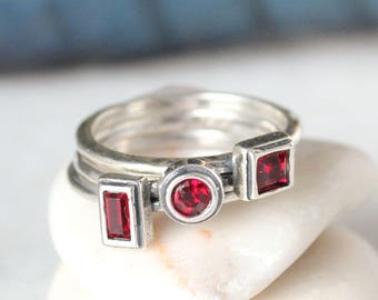 January Birthstone Ring in Sterling Silver. Stackable Mothers Ring with Garnet color stone. Perfect Personalized gift for January Birthday.