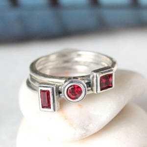 January Birthstone Ring in Sterling Silver. Stackable Mothers Ring with Garnet color stone. Perfect Personalized gift for January Birthday.