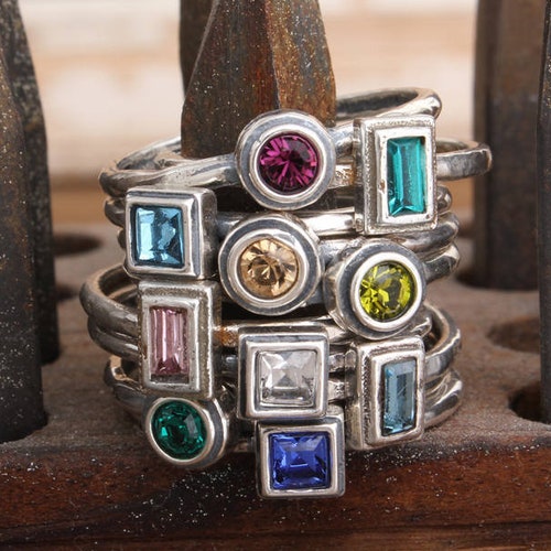 Birthstone Stacking Rings for Mom Silver Gemstone Rings - Etsy