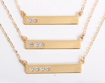 Gold Bar Necklace: Personalized Birthstone, Diamond Crystals, "Blessed"