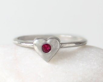 Heart Birthstone Stacking Ring • Sterling Silver Stackable Birthstone Ring with Heart Stone Setting • Silver Stack Mother's Ring • Love Ring