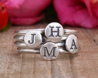 Silver Stackable Initial Rings • Stacking Initial Ring Set of 4 • Personalized Mothers Ring • Family Ring Set • Minimalist Rings • Mom Rings