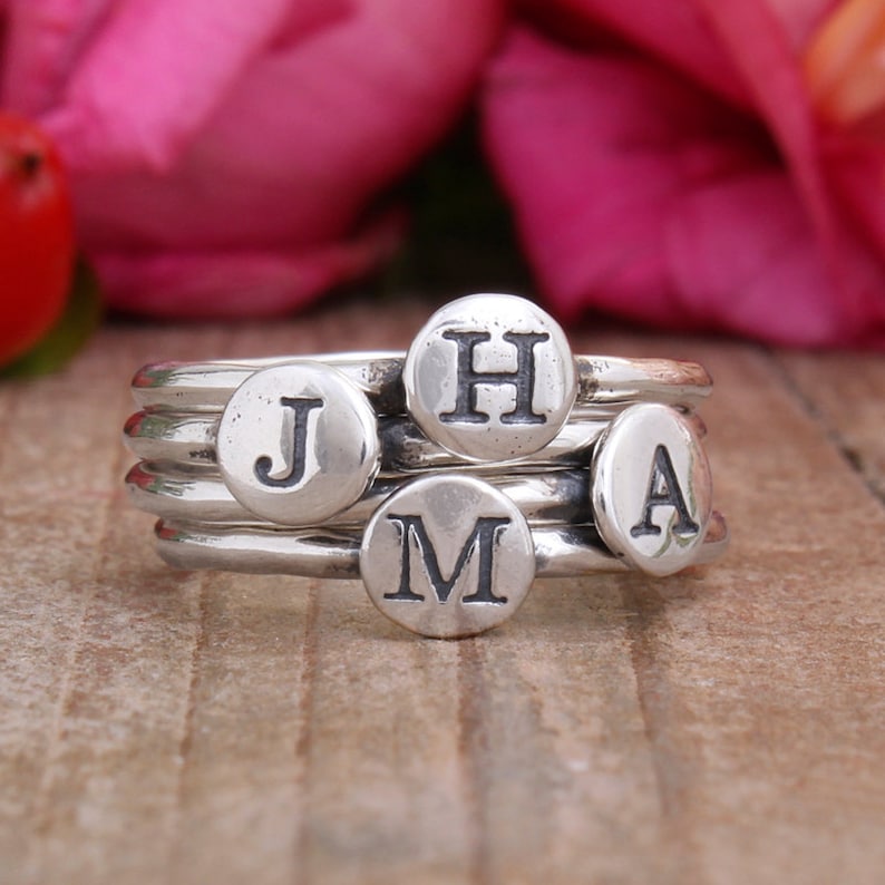 Silver Stackable Initial Rings Stacking Initial Ring Set of 4 Personalized Mothers Ring Family Ring Set Minimalist Rings Mom Rings image 1