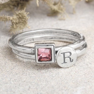 Initial & Birthstone Stacking Ring Set in Sterling Silver • Personalized Ring Set • Silver Stack Rings • Mother&#39;s Ring • Initial Ring Set