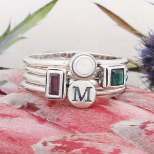 Stackable Sterling Silver Family Birthstone and Initial Ring Set • BESTSELLER • Mothers Ring Set •  New Mom Gift • Gemstone Stack Rings