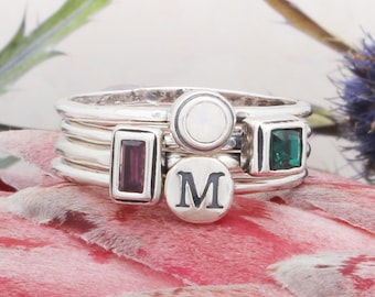 Stackable Sterling Silver Family Birthstone and Initial Ring Set • BESTSELLER • Mothers Ring Set •  New Mom Gift • Gemstone Stack Rings