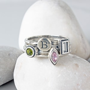 Mother's Stackable Birthstone & Initial Rings in Sterling Silver • 3 Birthstones and 1 Initial Set • Best Mother's Gift • Family Ring Set