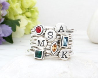 Silver Stacking Ring Sets • Stacking Rings • Set of 4 Initial Stack Rings and 4 Birthstone Rings • Mothers Ring • Family Ring • Personalized