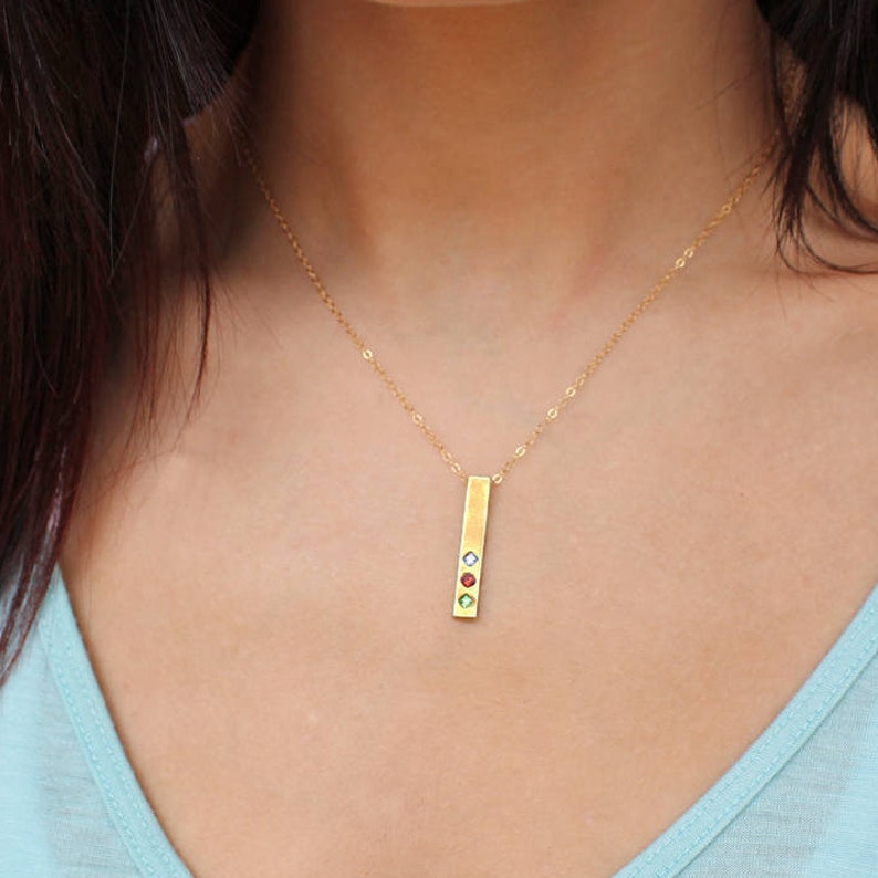 Personalized Rose Gold Birthstone Bar Necklace. TOTEM Necklace image 3