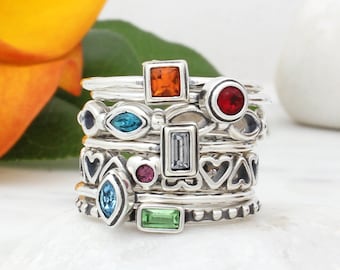 Stacking Birthstone Rings | Stackable Initial Rings | Stack Ring Set | Stackable Rings | Stack Ring | Silver | Mothers Ring | Ring for Mom!