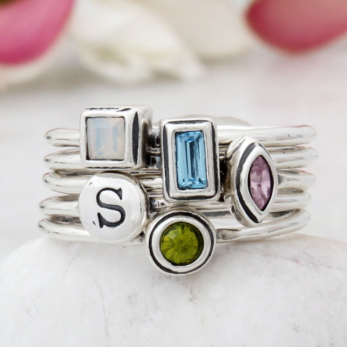 Birthstone Rings, Grandmother's Stackable Rings with Birthstones for Two  Grandchildren
