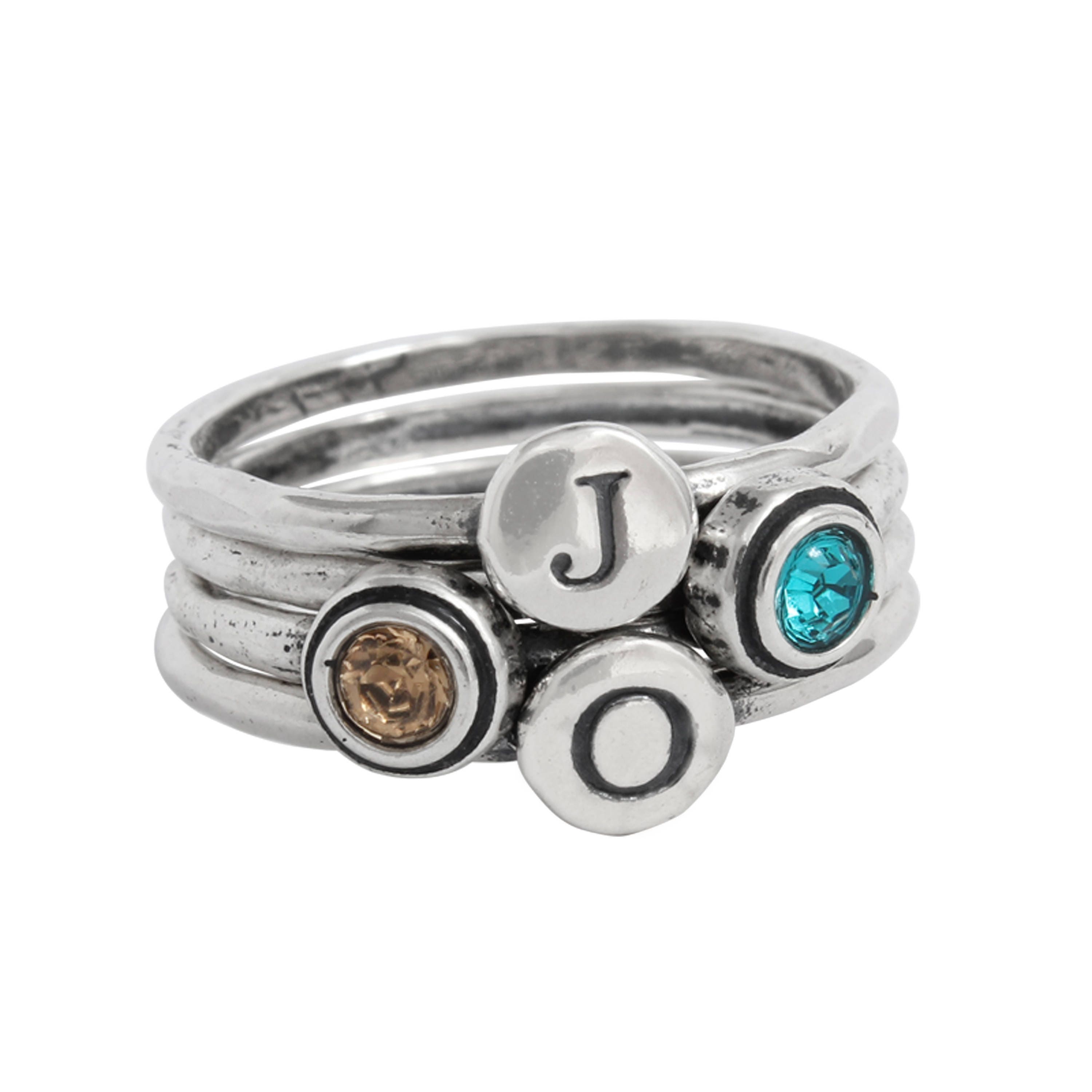 Silver Stacking Rings With 2 Initials and 2 Birthstones Family