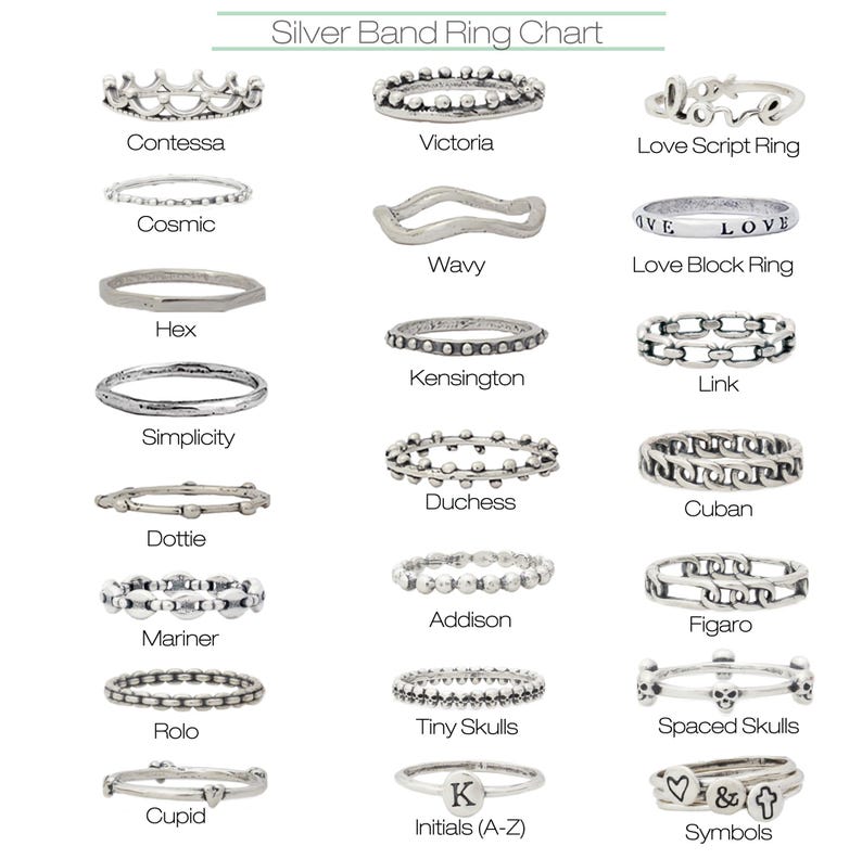 Pu&ograve; includere: Grafico di anelli a fascia d'argento con diversi stili e nomi, tra cui Contessa, Victoria, Love Script Ring, Cosmic, Wavy, Love Block Ring, Hex, Kensington, Link, Simplicity, Duchess, Cuban, Dottie, Addison, Figaro, Mariner, Rolo, Tiny Skulls, Spaced Skulls, Cupid, Initials (A-Z) e Symbols.