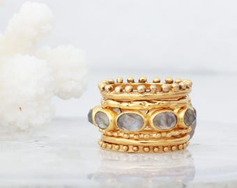 Anel Empilhável Labradorita Eternity • Conjunto de Anéis de Labradorita Facetada em Ouro Vermeil