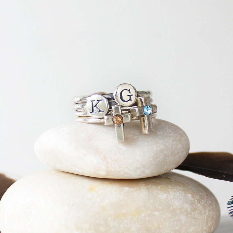 Stacking Mothers Birthstone Rings Mom of Two Set of 2 Etsy