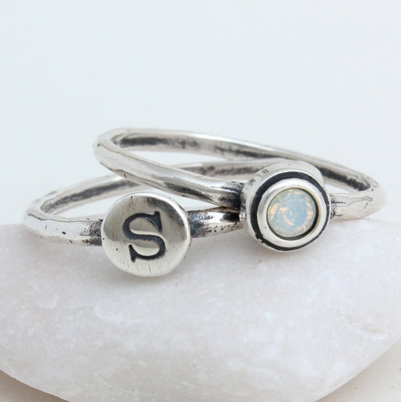 Initial and Birthstone Ring Set in Sterling Silver New Mom Gift Mother's Ring Set Minimalist Rings Gemstone and Letter Rings image 4