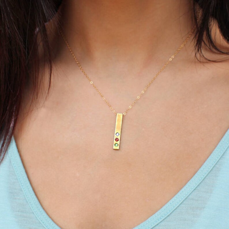 Gold bar necklace with birthstones, delicate gold birthstone