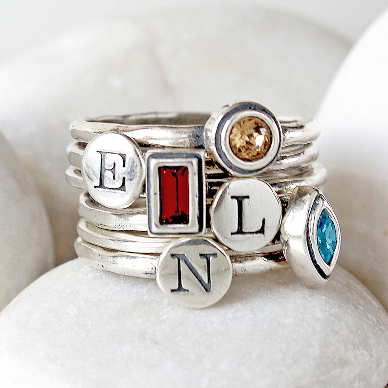 Initial and Birthstone Ring Set in Sterling Silver New Mom Gift Mother's Ring Set Minimalist Rings Gemstone and Letter Rings image 7