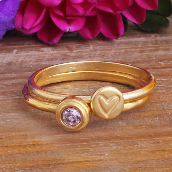 Gold Stack Rings • Rings that Stack • Gold Rings • Heart Ring • Birthstone Ring • Set of 2 stack rings • Gold Mothers Ring • Graduation Gift