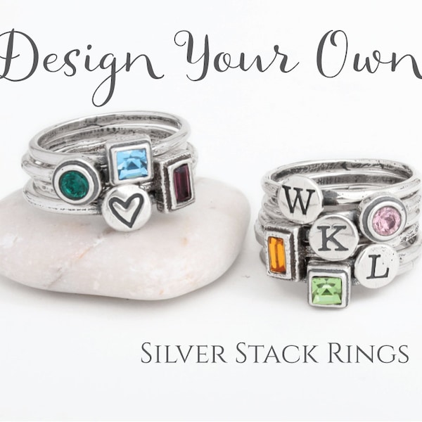 Design your own silver birthstone and initial ring set • Gemstone Letter Stack Rings • Mother's Gift • Family Ring Set • Minimalist Rings •