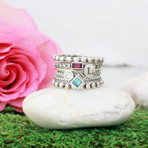 Stackable Sterling Silver Rings: Birthstone & Initial Bands